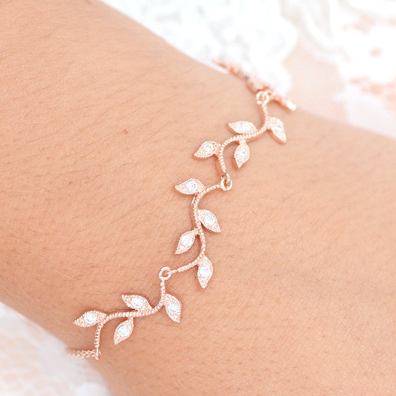 Romantic wedding bracelet with pink gold color leaf pattern, branch bracelet, Bethina, vine bridal bracelet. image 2