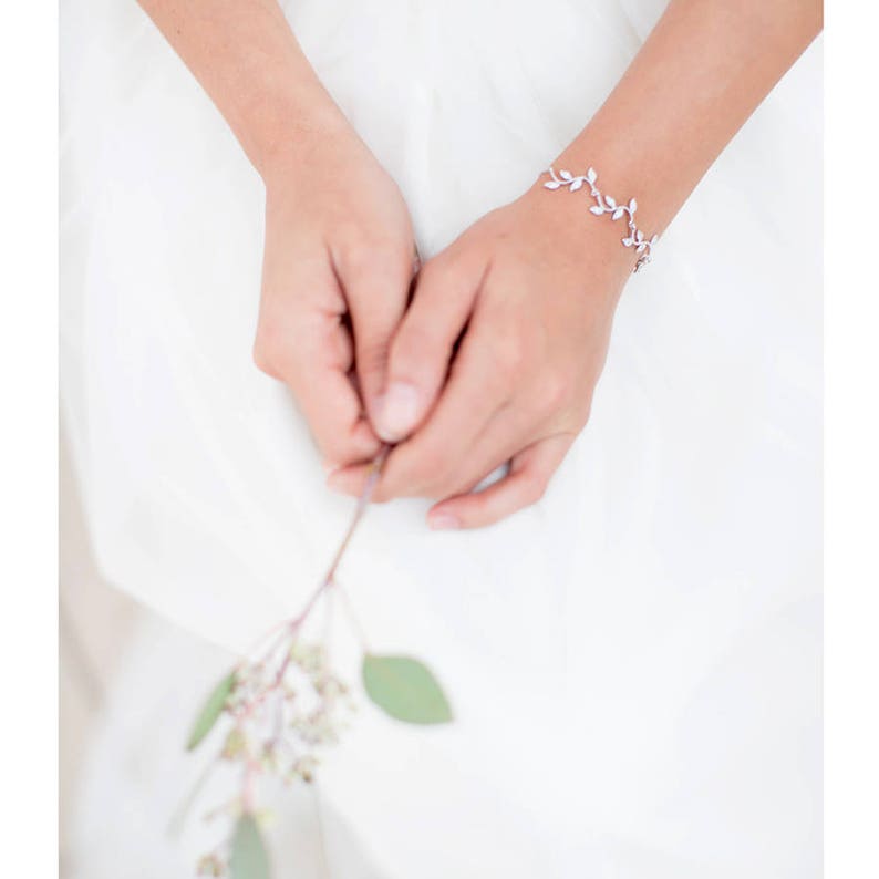 Romantic wedding bracelet with pink gold color leaf pattern, branch bracelet, Bethina, vine bridal bracelet. image 9