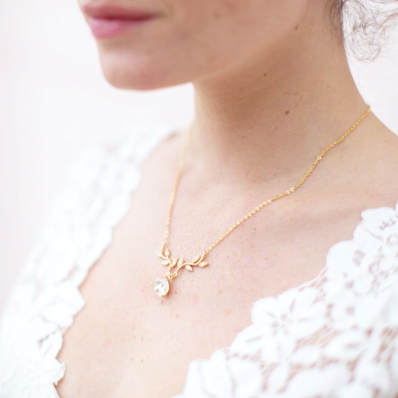 romantic bride Cubic Zirconia Vine And Teardrop Rose GOLD Bridal Necklace CZ Vine Bridal Necklace With Teardrop Pendant Bridal Necklace