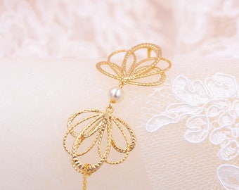 Leaves and pearls bridal bracelet. Palermo, Golden Wedding Bracelet. Silver bridal bracelet.
