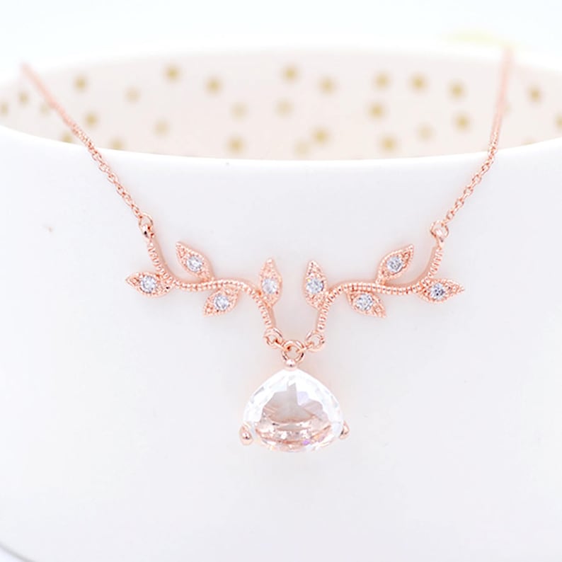romantic bride Cubic Zirconia Vine And Teardrop Rose GOLD Bridal Necklace CZ Vine Bridal Necklace With Teardrop Pendant Bridal Necklace