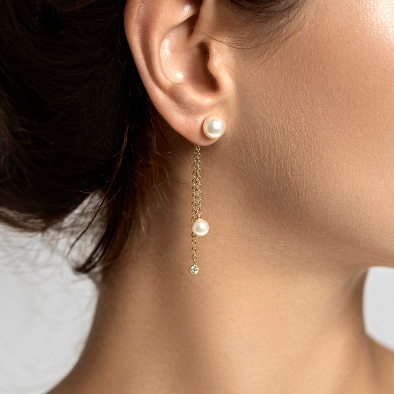 Boucles d'oreilles mariée perles pendantes. Léa, boucles d'oreilles lobe mariée dorées et ivoire. image 8