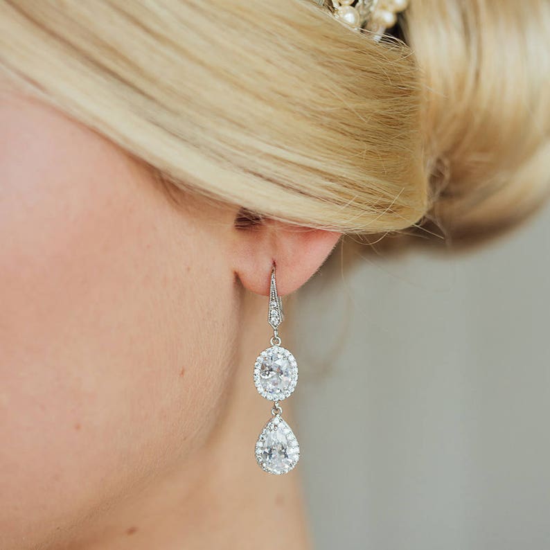 Bridal dangling drop earrings with bridal rhinestones. Betane, long boho chic bridal earrings. image 4