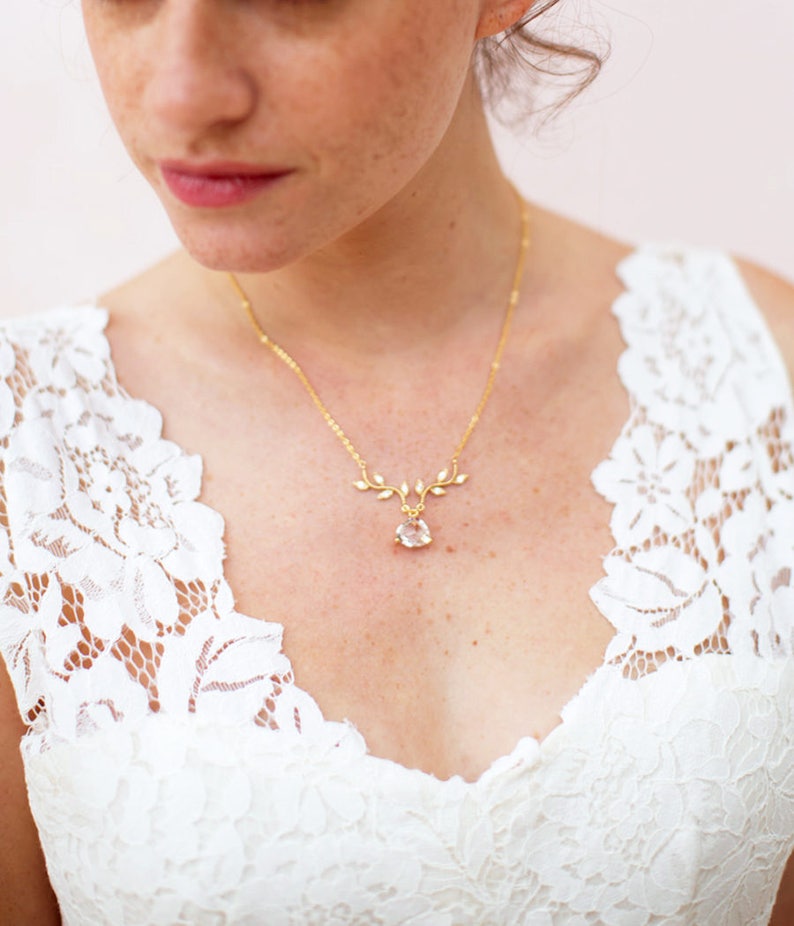romantic bride Cubic Zirconia Vine And Teardrop Rose GOLD Bridal Necklace CZ Vine Bridal Necklace With Teardrop Pendant Bridal Necklace