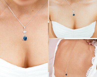 Catnys back necklace, blue bridal necklace and jewel, dark blue bridal necklace, blue wedding jewelry.