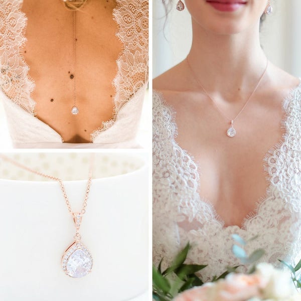 Collier et bijou de dos mariée Rose Gold. Joli Collier avec pendentif de dos.