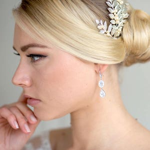 Bridal dangling drop earrings with bridal rhinestones. Betane, long boho chic bridal earrings. image 2