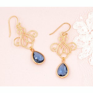Bridal earrings with blue drops. Nila, romantic long bridal earrings.