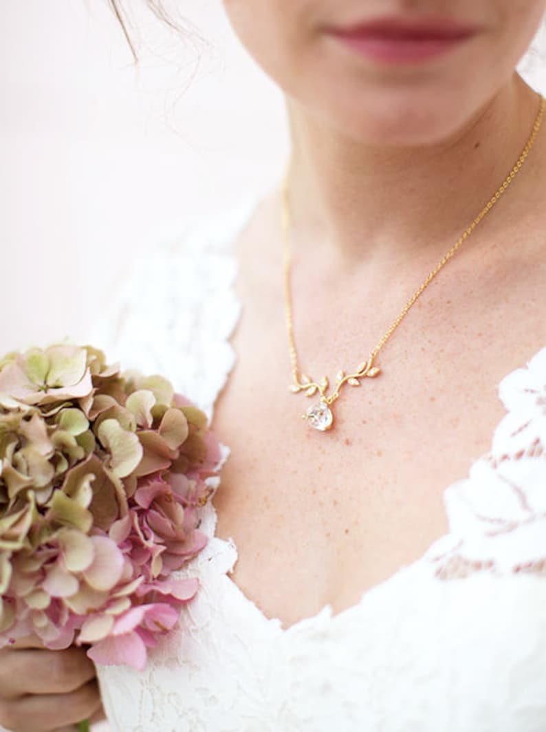 romantic bride Cubic Zirconia Vine And Teardrop Rose GOLD Bridal Necklace CZ Vine Bridal Necklace With Teardrop Pendant Bridal Necklace