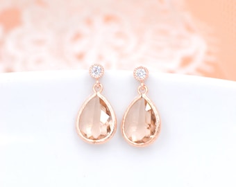 Rose gold and peach bridal earrings. Anais, Rose gold wedding earrings.