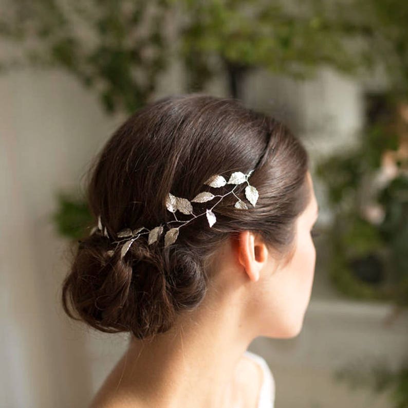 Bridal hair vine with silver leaves. Golden vine head jewel for bridal bun. saw. image 7