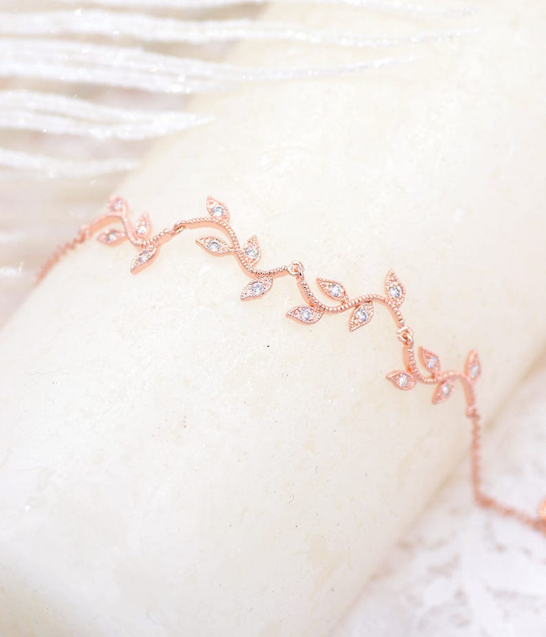 Romantic wedding bracelet with pink gold color leaf pattern, branch bracelet, Bethina, vine bridal bracelet. image 6