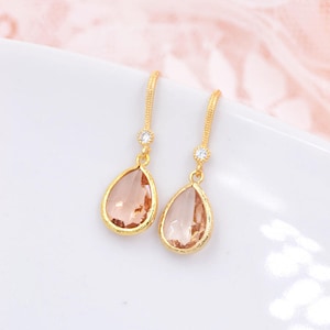 Peach and gold bridal earrings. Gepsy, drop wedding earrings.