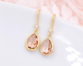 Peach bridal earrings, gepsy, Wedding earrings, Rose gold bridal jewelry, Wedding jewelry available in Blue or purple