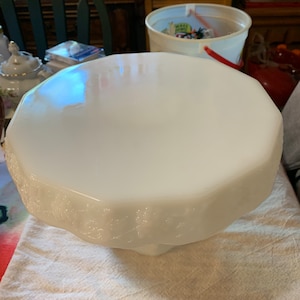 Vintage Anchor Hocking White Milk Glass Pedestal Cake Salver Grapes & Leaves