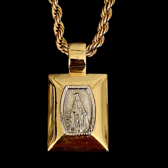 Vintage Assemblage  Gold Tone Pendant with Silver Tone Vintage Virgin Mary Medallion