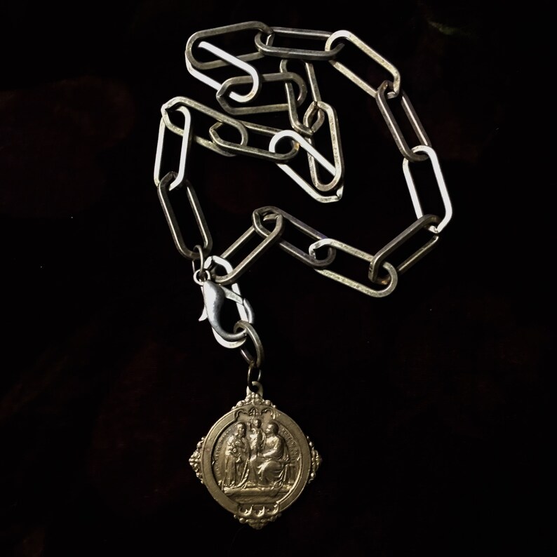 Vintage Holy Family Doublesided Brass Medallion with Upcycled Lobster Clasp Chain