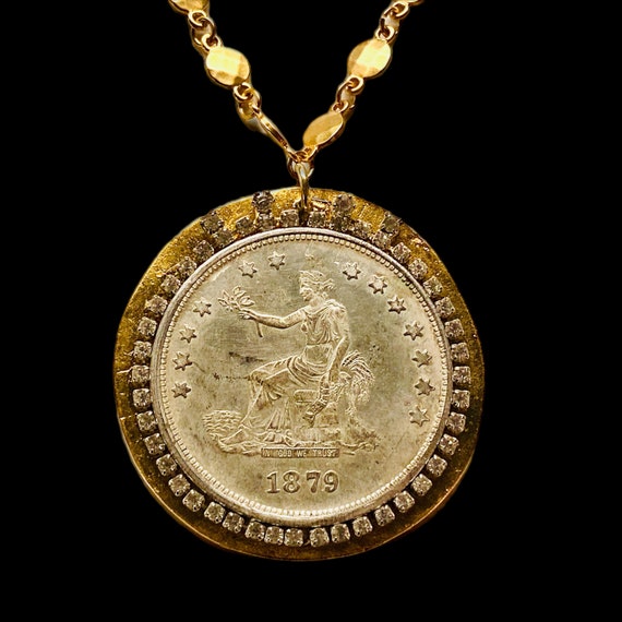 1879 US Trade Dollar Necklace with Vintage Rhinestones