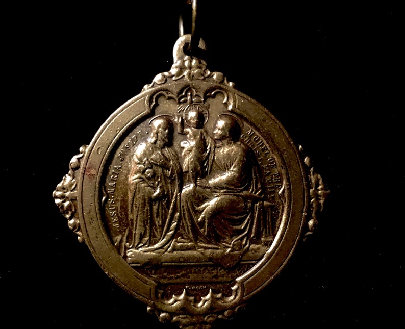 Vintage Holy Family Doublesided Brass Medallion with Upcycled Lobster Clasp Chain