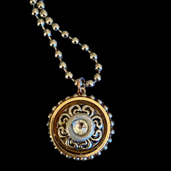 Sweet Assemblage Necklace with Vintage Silver Tone Button with Swarovski Crystal