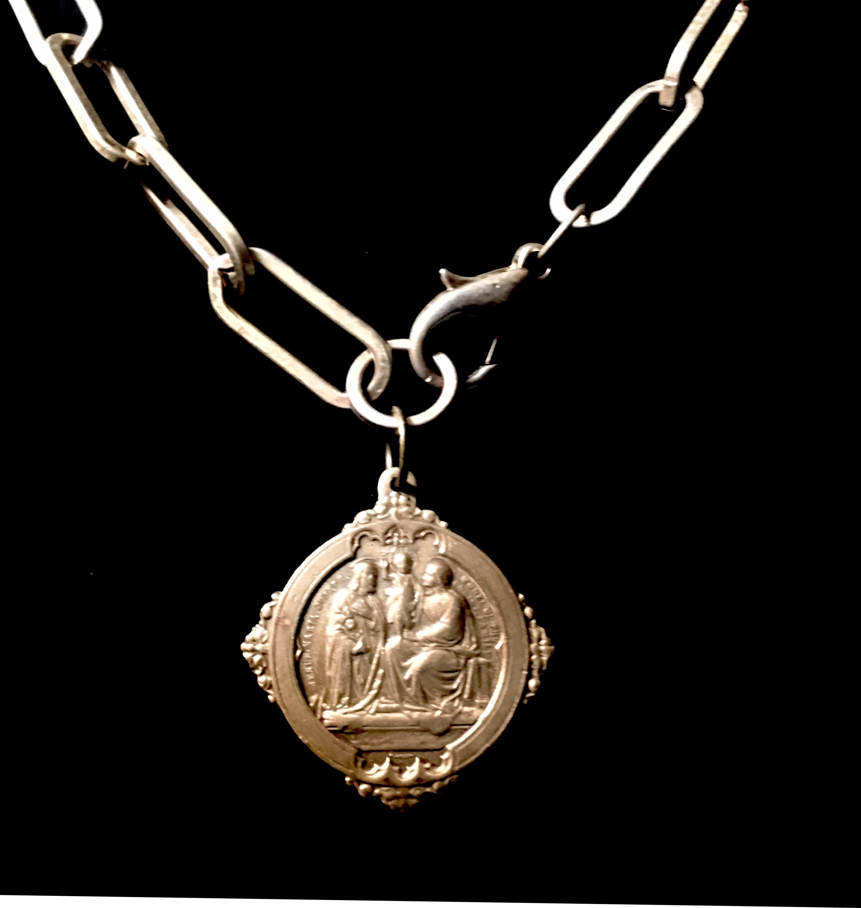 Vintage Holy Family Doublesided Brass Medallion with Upcycled Lobster Clasp Chain