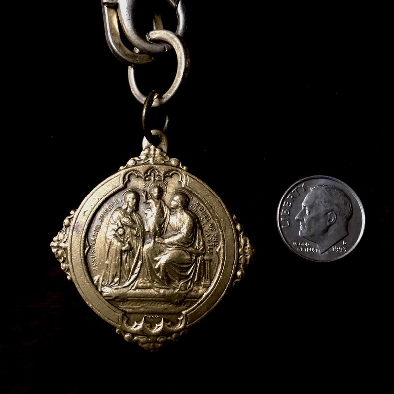 Vintage Holy Family Doublesided Brass Medallion with Upcycled Lobster Clasp Chain