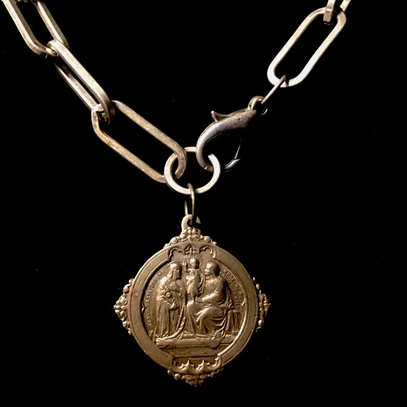 Vintage Holy Family Doublesided Brass Medallion with Upcycled Lobster Clasp Chain