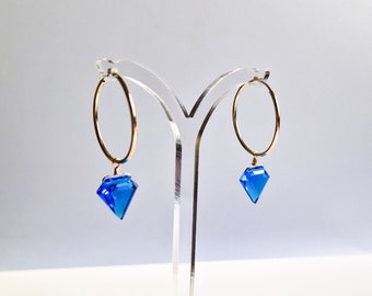 Blue Quartz Hoop earrings, Diamond shaped Gemstones Hanging from 24mm Hoop Earrings, in Gold Filled and 925 Sterling Silver.