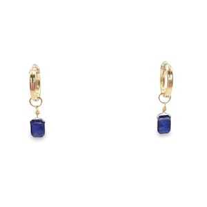 Sapphire earrings, natural blue sapphires, emerald cut, hanging from hoop earrings in gold filled, rose gold filled, or sterling silver.