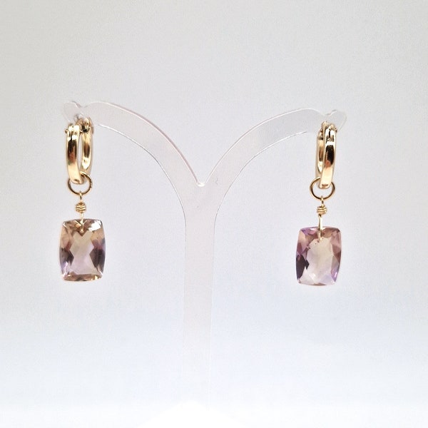 Ametrine Drop Earrings, Ametrine Rectangles, Rose Gold Hoops, Gold Hoops, Sterling Silver Earrings.