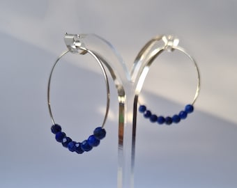 Lapis Lazuli Beaded Hoop Earrings: Sterling Silver Boho Hoops