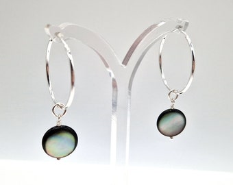 Black Mother of Pearl Earrings, Hoop Earrings with Black Mother of Pearl Circle Drops, in Sterling Silver or Gold Filled.