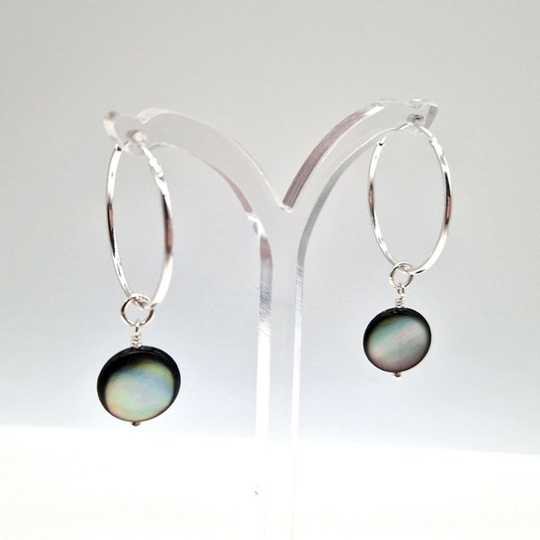 Black Mother of Pearl Earrings, Hoop Earrings with Black Mother of Pearl Circle Drops, in Sterling Silver or Gold Filled.