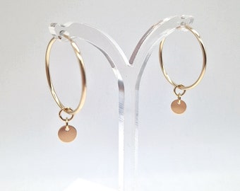 Hoop Earrings with Small Circle Drops, Hoop Earrings in Gold filled or Sterling silver, Gold Hoops, 925 Sterling silver Hoops.