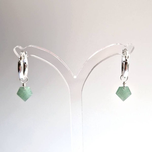 Aventurine Earrings, Diamond-shaped gemstones, hanging from Sterling Silver Hoops. Handcrafted and infused with glimmers.