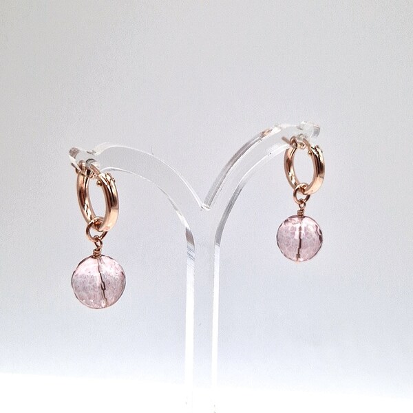 Rose Quartz Earrings hanging from Huggie Hoops in Rose Gold Filled, Gold Filled, or Sterling Silver