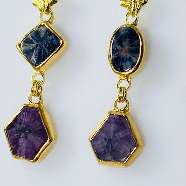 Trapiche Sapphire and Ruby Asymmetrical Drop Earrings