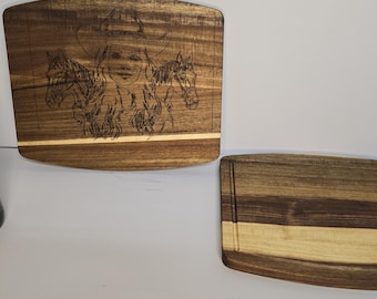 Cowgirl and Horses engraved wooden cutting board