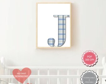 J capital Letter wall art. Nursery wall art printable. nursery decor. letter J wall art printable art for kids, initial J letter tartan