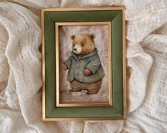 Vintage teddy bear framed art. Vintage wall art 10x15 cm. Children's picture with included frame. Vintage children's decor