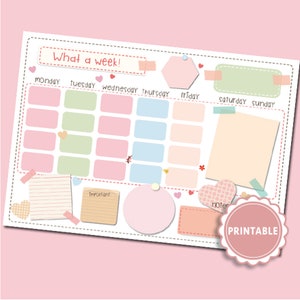 Puede incluir: Un planificador semanal imprimible con una paleta de colores pastel. Incluye secciones para cada día de la semana, notas y recordatorios. El texto "What a week!" está en la parte superior, y la palabra "Printable" está en un círculo rosa.