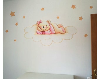 Vinyl-Bär für Kinder in CLOUD. Kinder-Vinyl für Babys, handbemaltes Vinyl, Kinderzimmer-Wandaufkleber für Babymädchen. Dekor