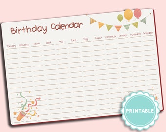 Birthday calendar printable. digital birthday planner insert. birthday list schedule printable. calendier nol, happy Year birthdais dates