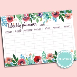 Puede incluir: Un planificador semanal floral con un diseño de acuarela. Los bordes superior e inferior presentan flores rojas, rosas y azules con hojas verdes. El planificador incluye el texto "Weekly planner" y los días de la semana.