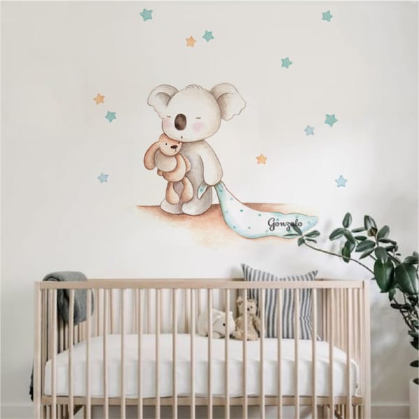 koala avec bébé Throw Blanket mur décalcomanie pépinière, autocollants personnalisés koala. Art mural de chambre d’enfant, autocollant mural koala, art mural pour chambre d’enfant