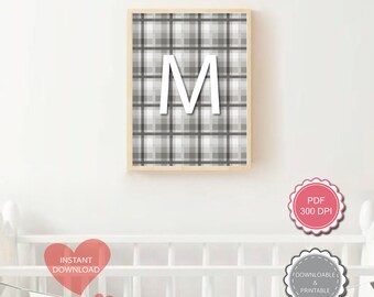 M capital Letter wall art. Nursery vichy letter printable nursery decor. letter M wall art printable art for kids, initial m letter tartan