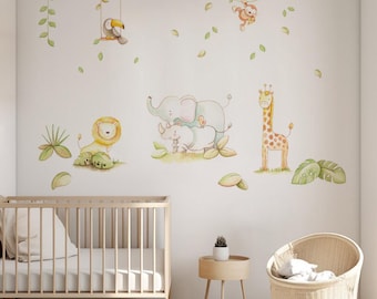 Safari Animals Wall Decal – Jungle Nursery Wall Sticker – Baby Room Decor – Removable Vinyl Mural – Giraffe Elephant Lion nursery Wall Art