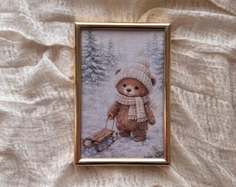 Framed Winter Bear Picture 10x15 cm – Vintage Children's Decoration – Mini Wall Art – Baby Gift – Bear Nursery Decor