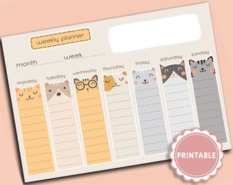 Cat lovers weekly planner printable. Cats schedule checklist clean planner. digital habit track printable planning insert. holiday planning