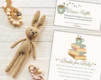 A Baby Is Brewing Diaper Raffle and Books for Baby Card Bundle, Editable Digital Templates, Coffee Baby Shower Theme